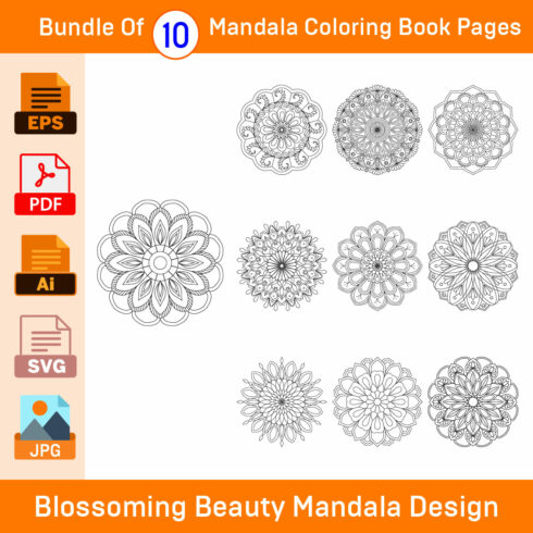 Bundle of 10 Blossoming Beauty Mandala Coloring Book Pages cover image.