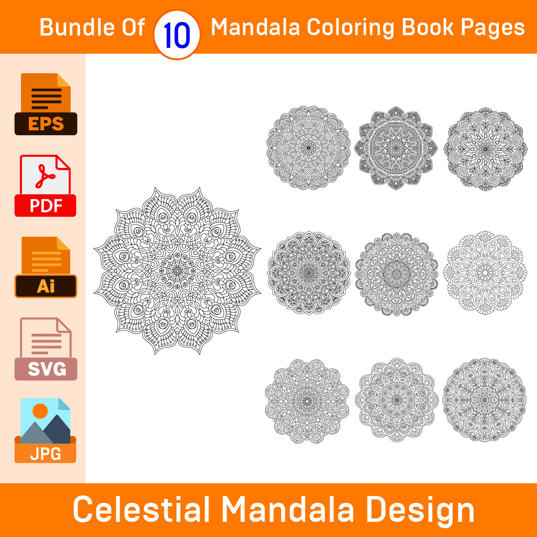 Bundle of 10 Celestial Mandala for KDP Coloring Book interior Pages cover image.