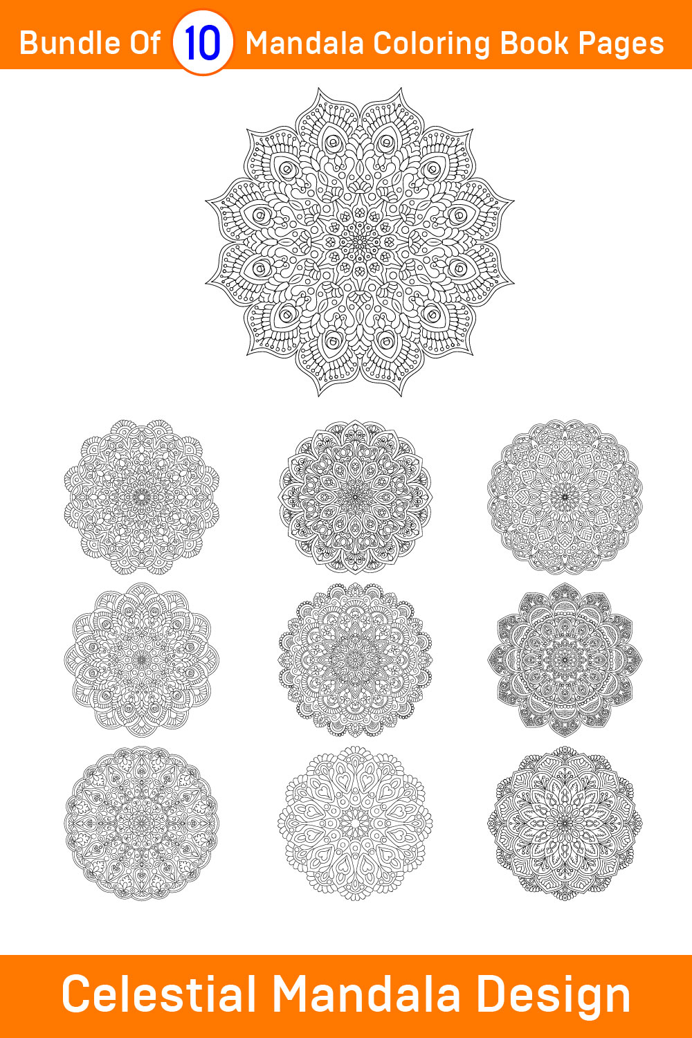 Bundle of 10 Celestial Mandala for KDP Coloring Book interior Pages pinterest preview image.