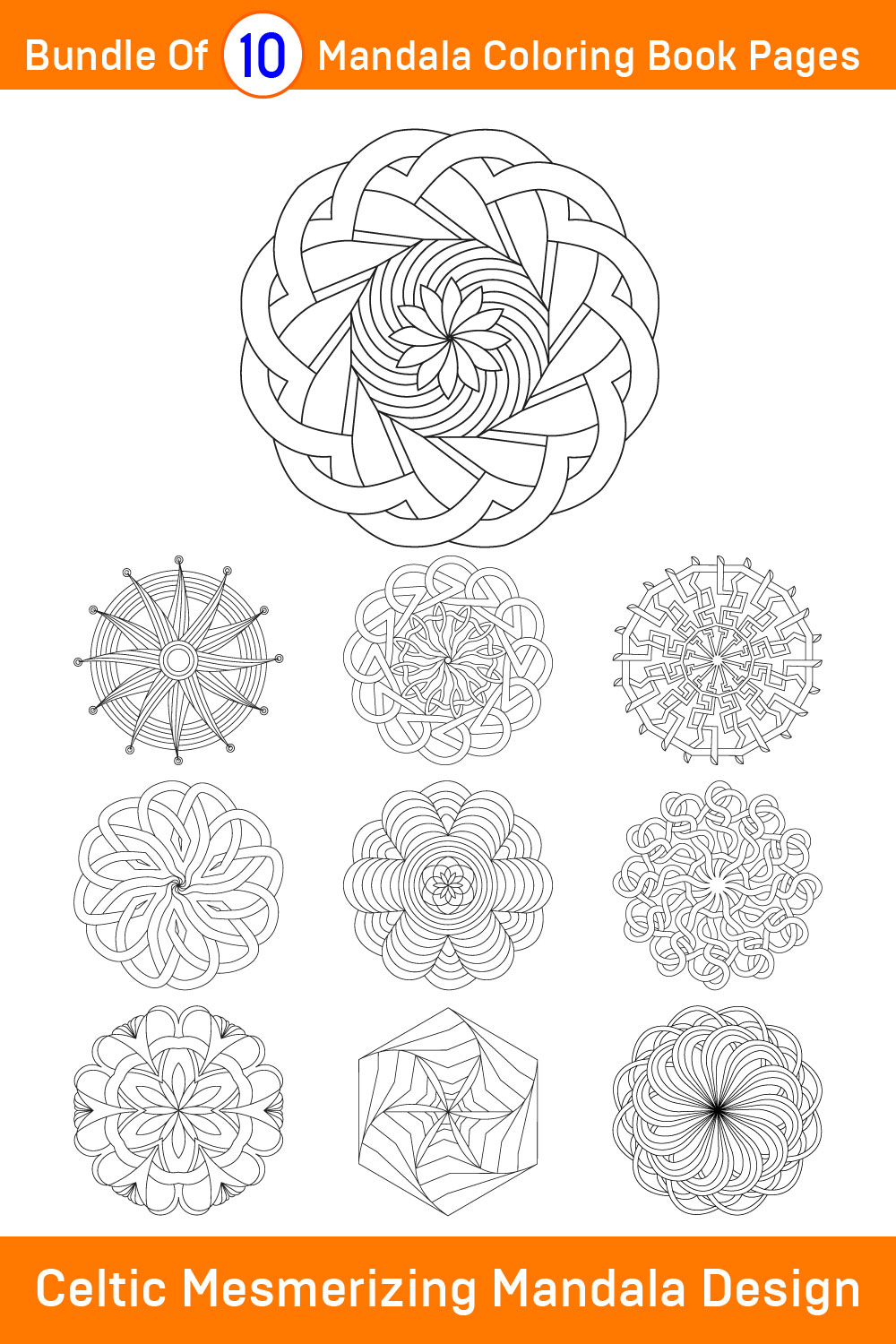 Bundle of 10 Celtic Knot Mandala for KDP Colouring Book interior Pages pinterest preview image.