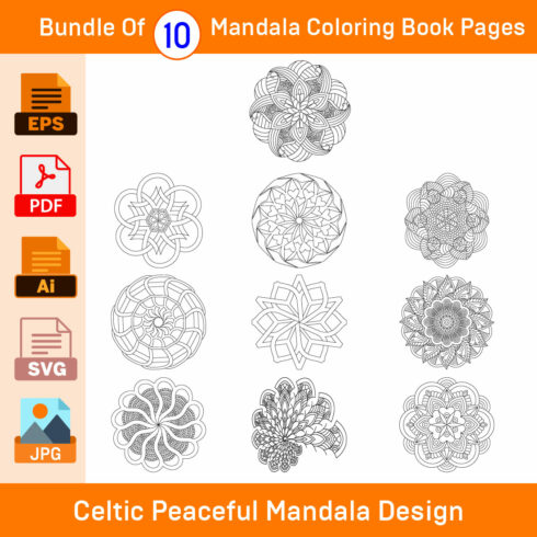 Bundle of 10 Celtic Peaceful Mandala for KDP Colouring Book interior Pages cover image.