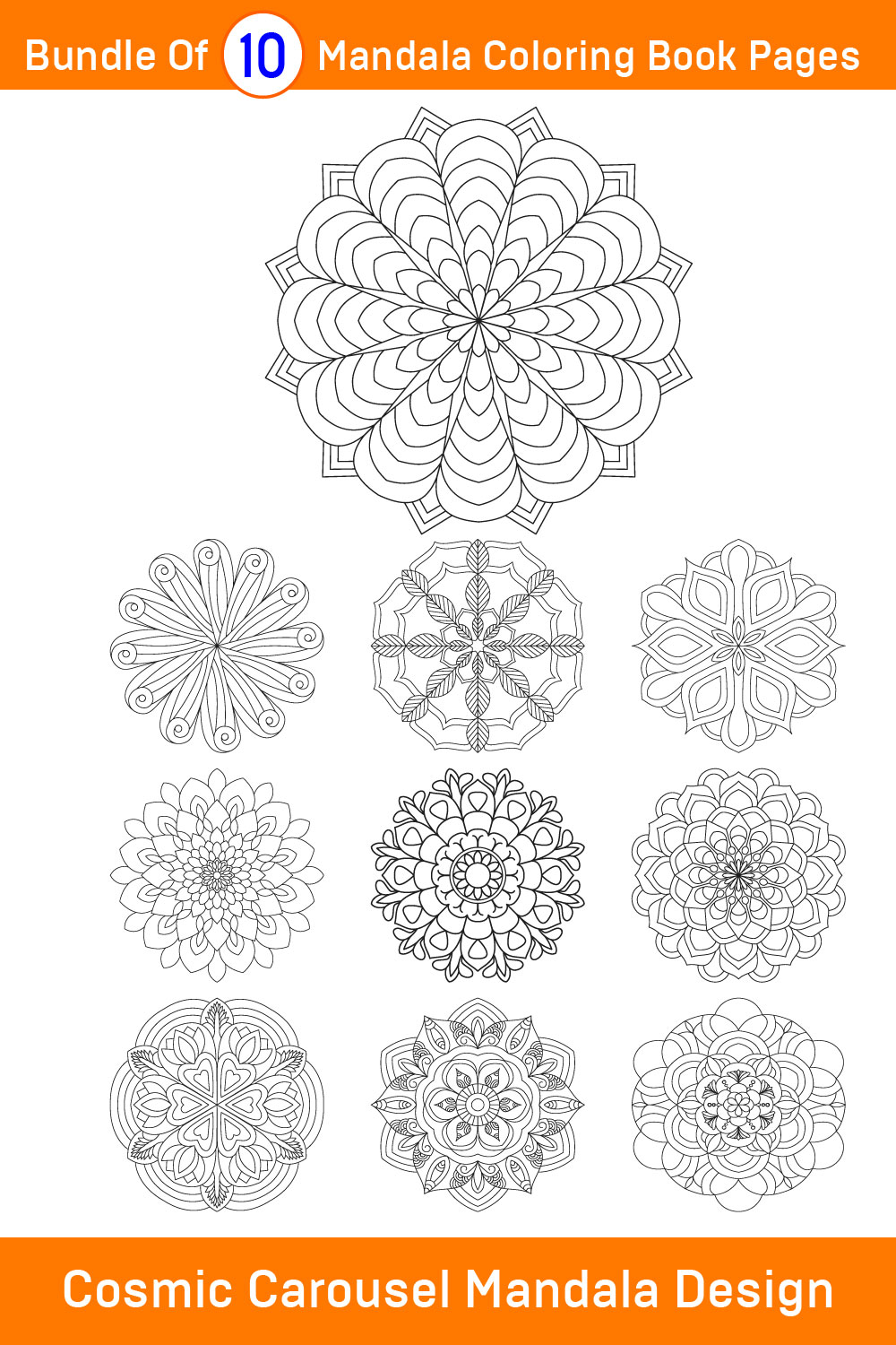 Bundle of 10 Cosmic Carousel Mandala Coloring Book Pages pinterest preview image.