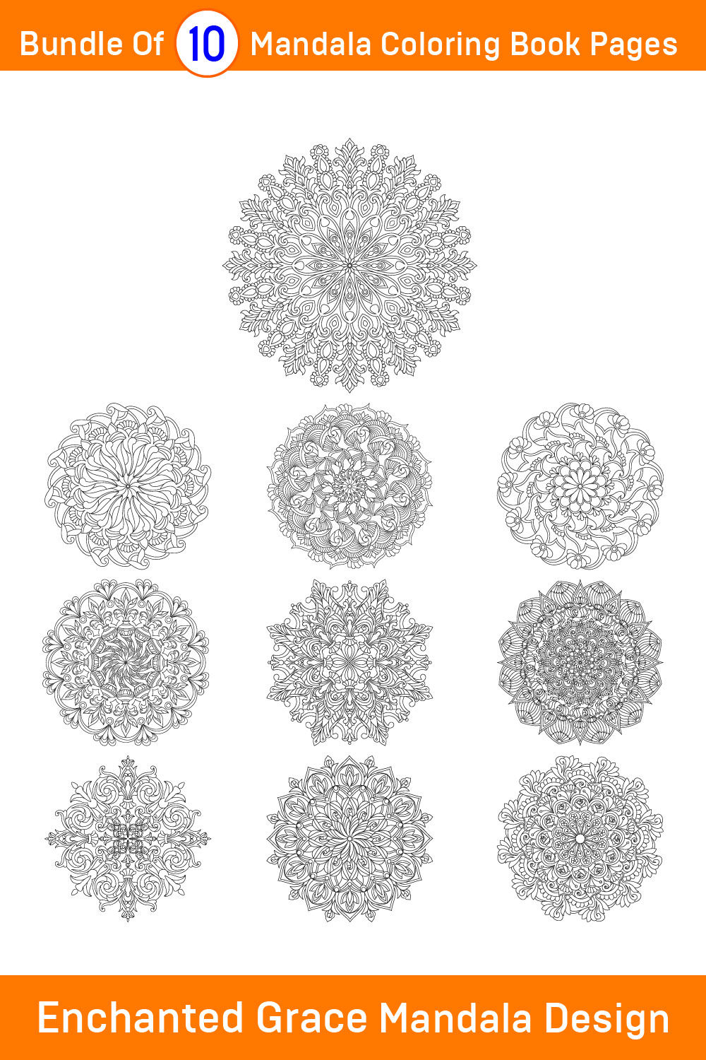 Bundle of 10 Enchanted Grace Mandala for KDP Coloring Book interior Pages pinterest preview image.