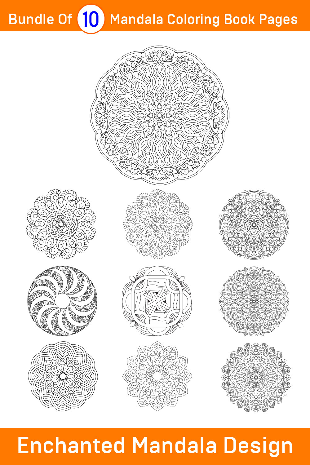 Bundle of 10 Enchanted Mandala for KDP Coloring Book interior Pages pinterest preview image.