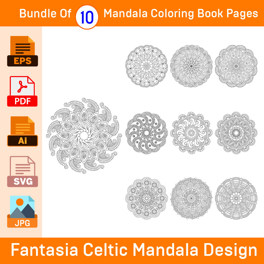 Bundle of 10 Fantasia Celtic Mandala for KDP Coloring Book interior Pages cover image.