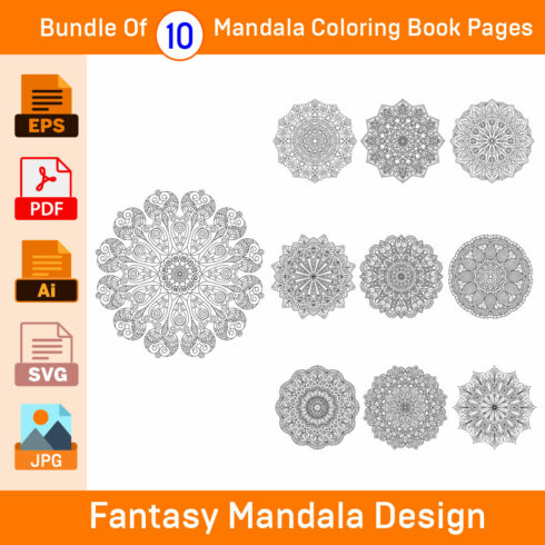 Bundle of 10 Fantasy Mandala for KDP Coloring Book interior Pages cover image.