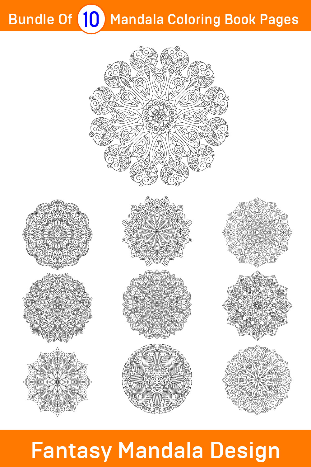 Bundle of 10 Fantasy Mandala for KDP Coloring Book interior Pages pinterest preview image.