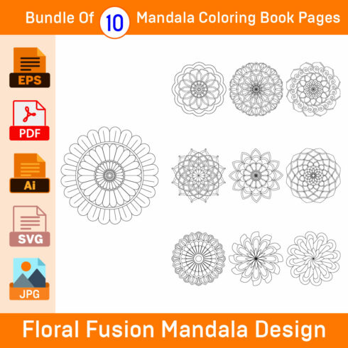 Bundle of 10 Floral Fusion Mandala for KDP Coloring Book interior Pages cover image.