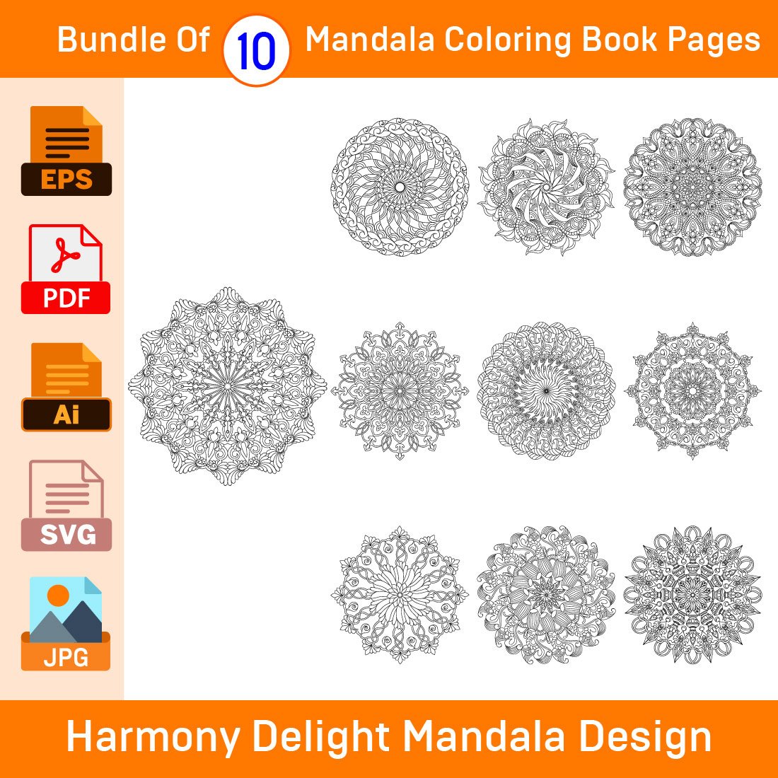 Bundle of 10 Harmony Delight Mandala Coloring Book Pages cover image.