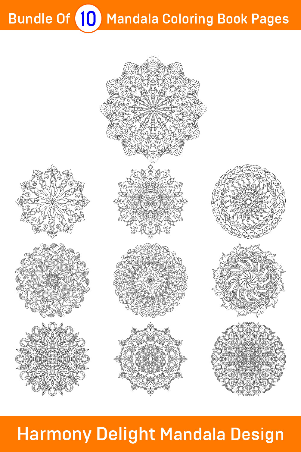 Bundle of 10 Harmony Delight Mandala Coloring Book Pages pinterest preview image.