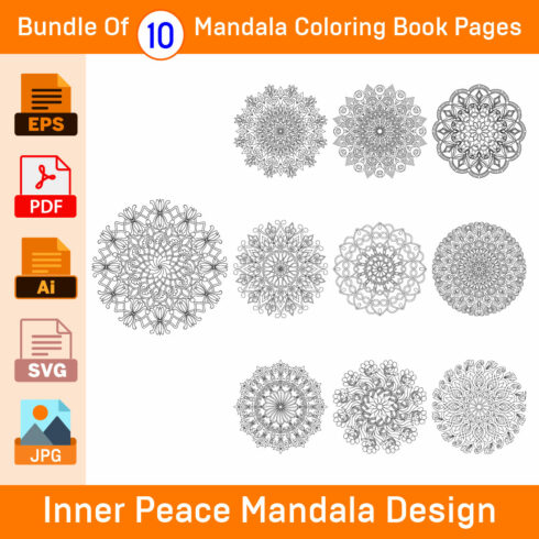 Bundle of 10 Inner Peace Mandala Coloring Book Pages cover image.