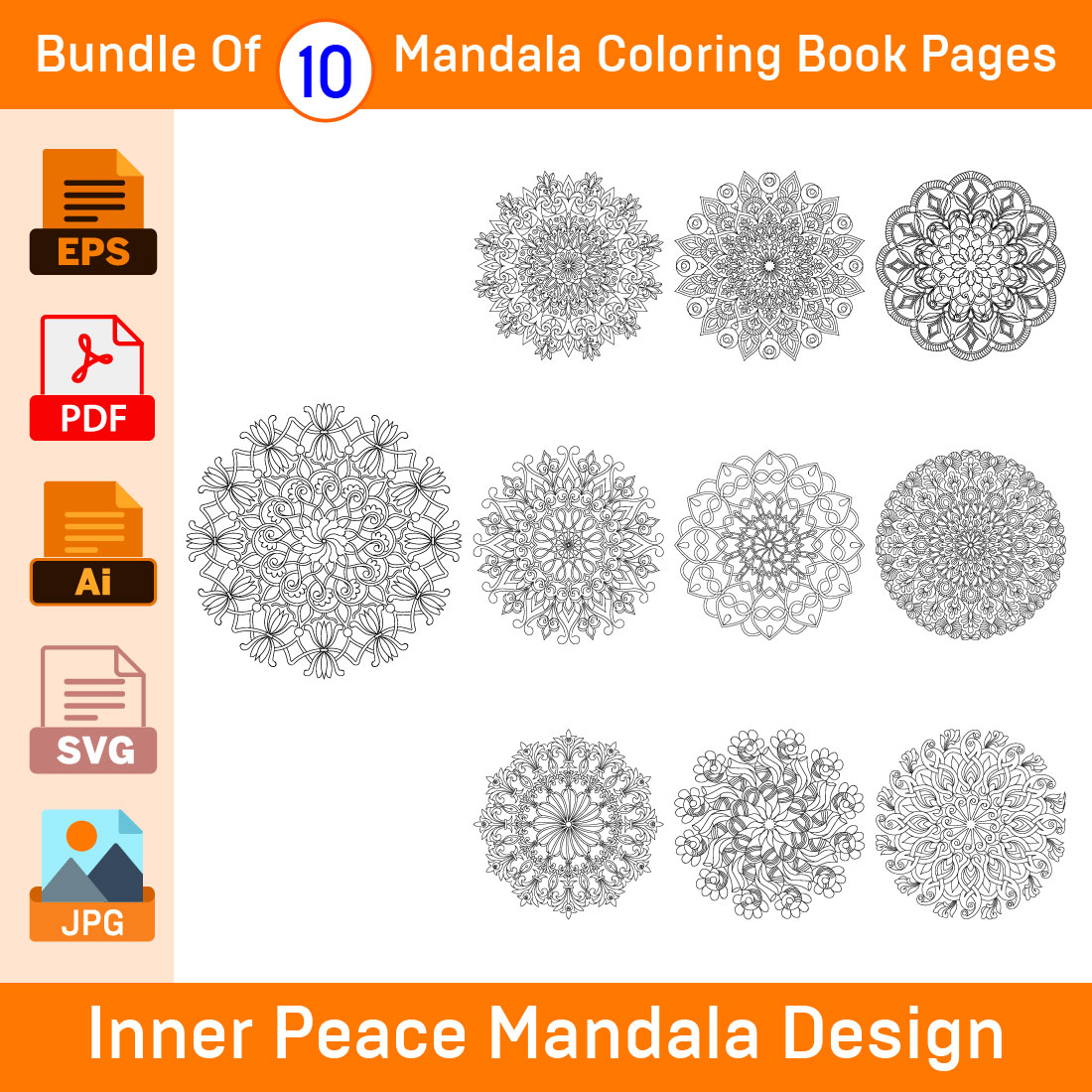 Bundle of 10 Inner Peace Mandala Coloring Book Pages cover image.