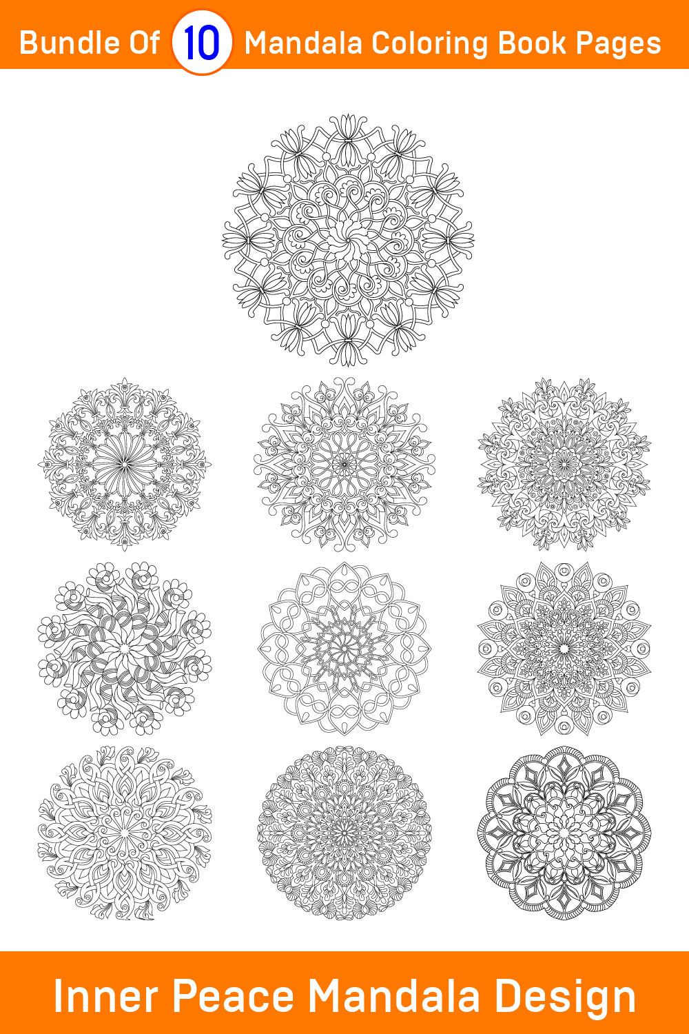 Bundle of 10 Inner Peace Mandala Coloring Book Pages pinterest preview image.