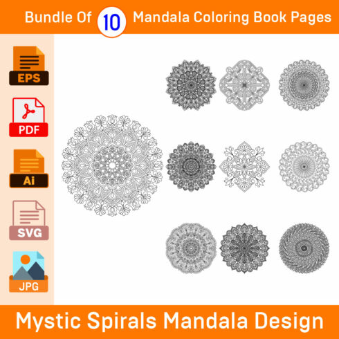 Bundle of 10 Mystic Spirals Mandala Coloring Book Pages cover image.