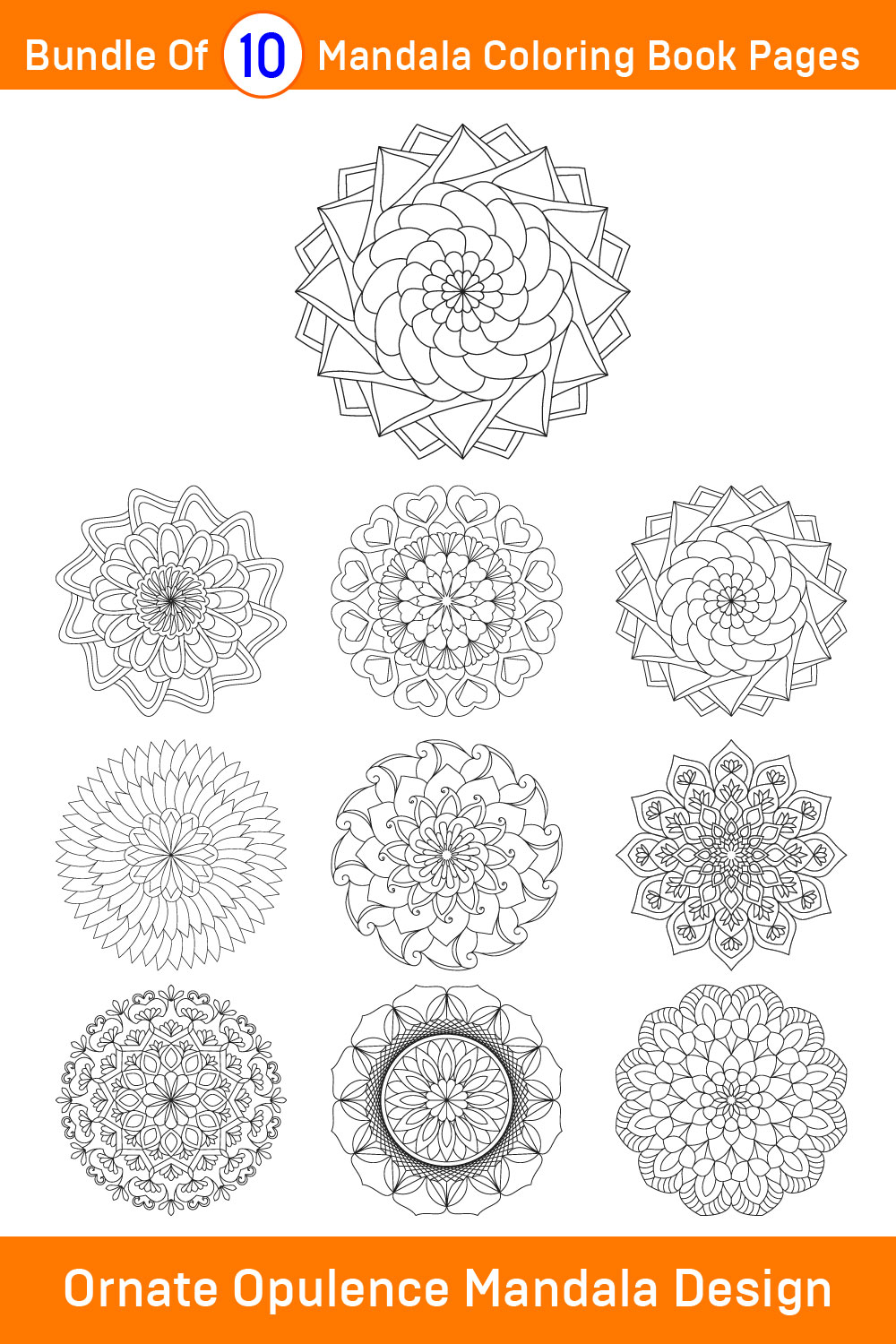Bundle of 10 Ornate Opulence Mandala for KDP Coloring Book interior Pages pinterest preview image.