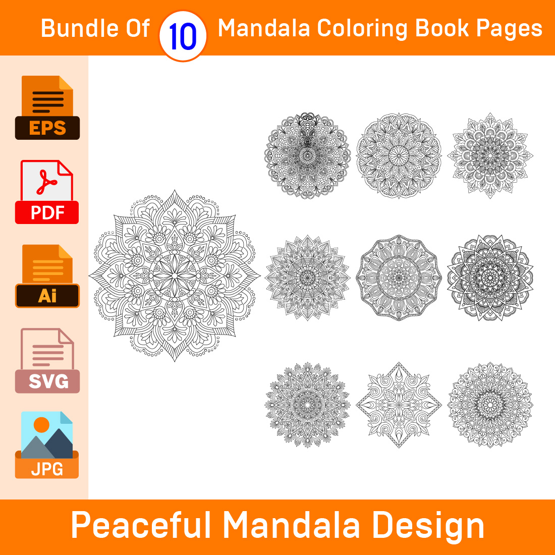 Bundle of 10 Peaceful Mandala Coloring Book Pages cover image.