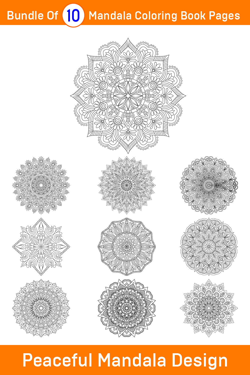 Bundle of 10 Peaceful Mandala Coloring Book Pages pinterest preview image.