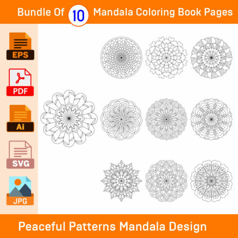 Bundle of 10 Peaceful Patterns Mandala for KDP Colouring Book interior Pages cover image.