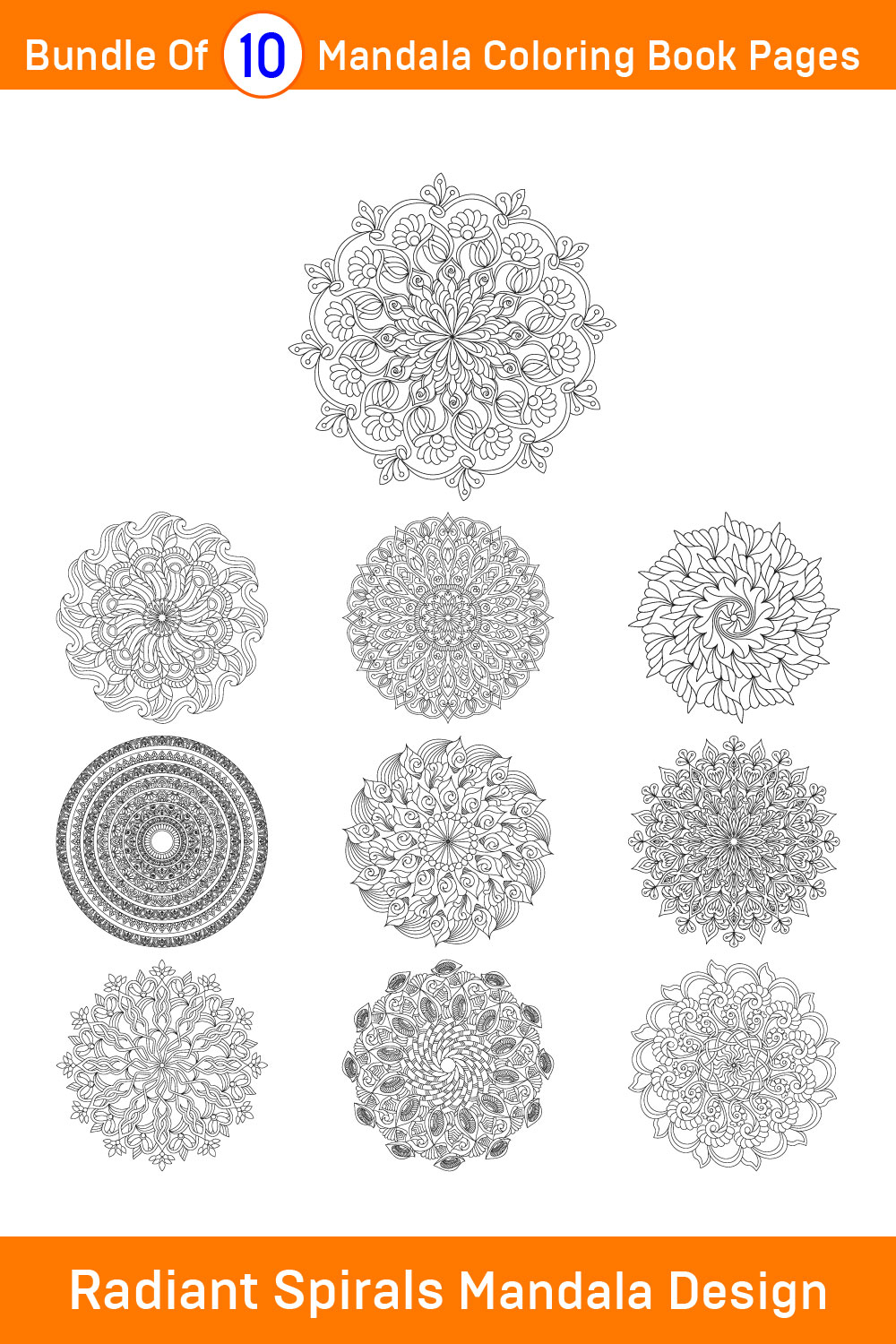 Bundle of 10 Radiant Spirals Mandala Coloring Book Pages pinterest preview image.