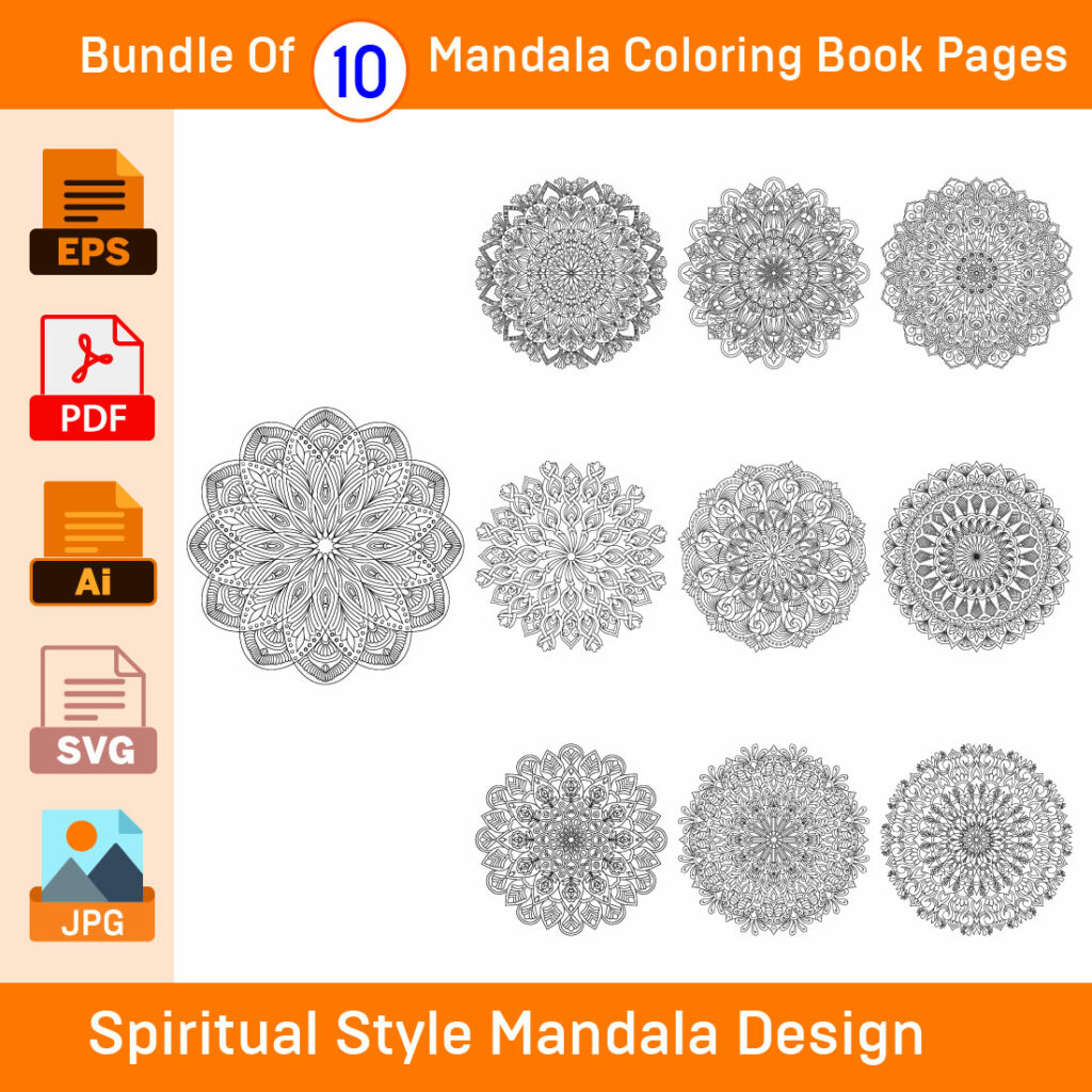 Bundle of 10 Spiritual Style Mandala Coloring Book Pages. - MasterBundles