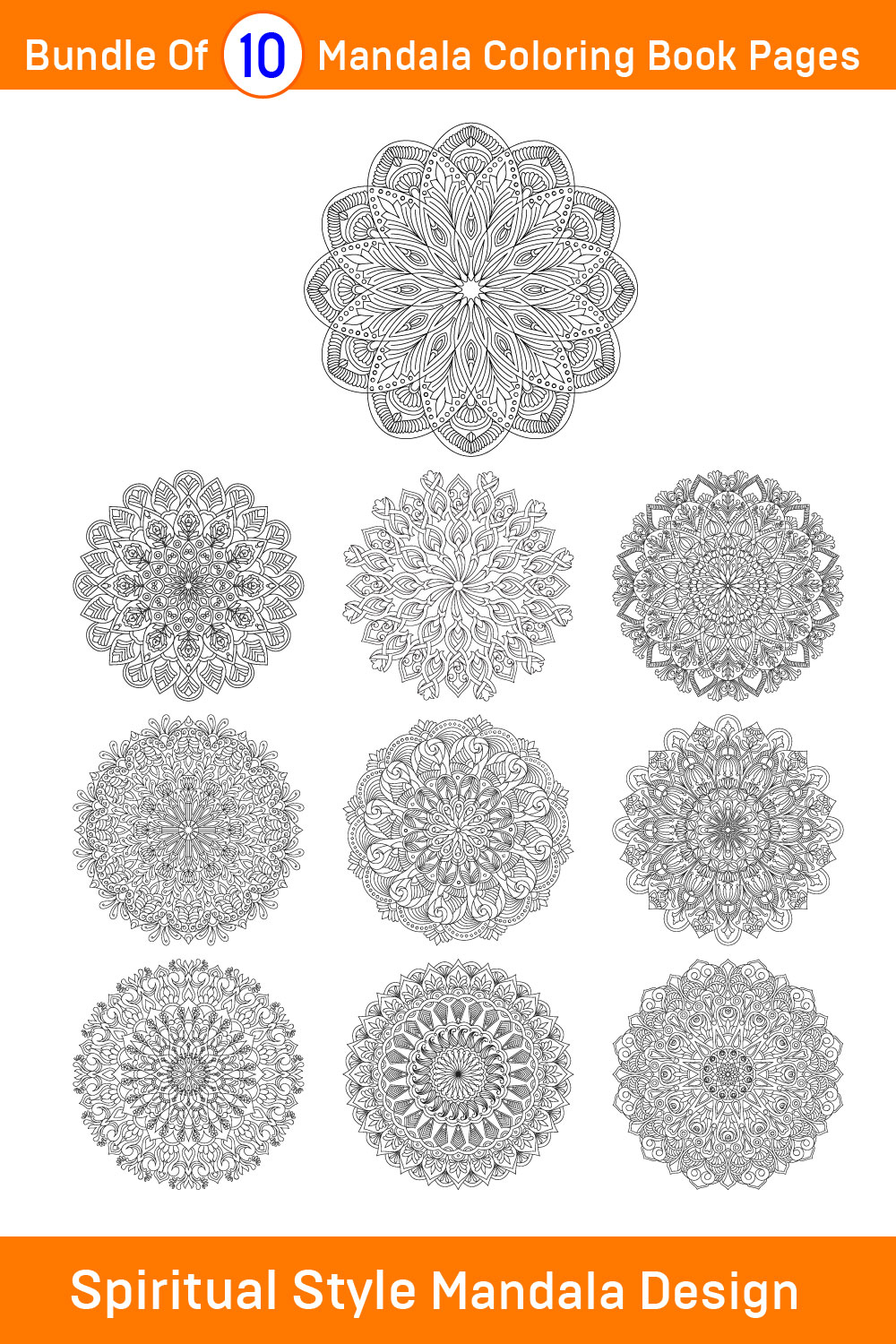 Bundle of 10 Spiritual Style Mandala Coloring Book Pages pinterest preview image.
