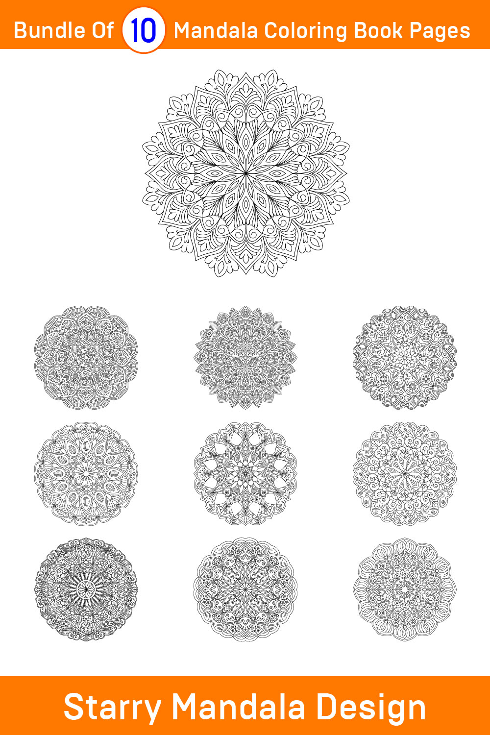 Bundle of 10 Starry Mandala for KDP Coloring Book interior Pages pinterest preview image.