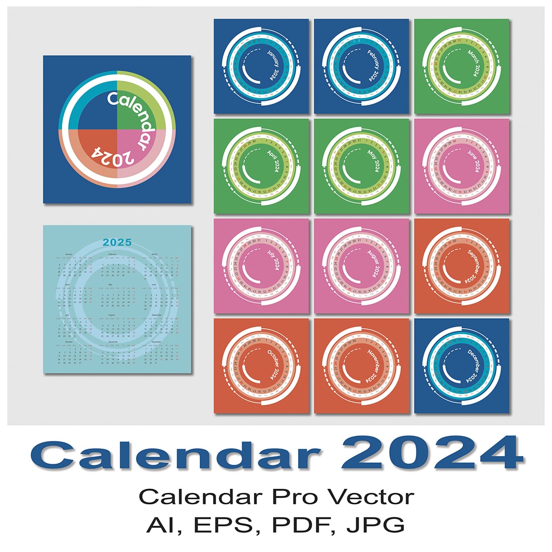 Vector wall calendar_2024 with numbers placed around the circle cover image.