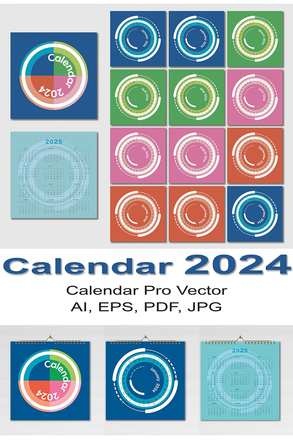 Vector wall calendar_2024 with numbers placed around the circle pinterest preview image.