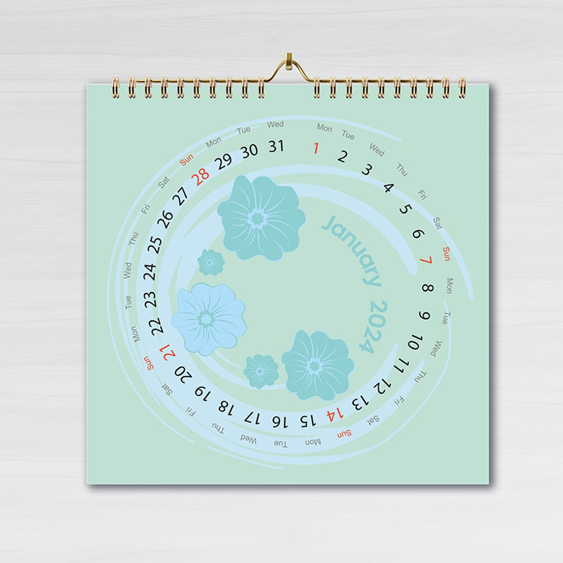 Vector wall calendar_2024 with numbers placed round the circle, decorated with floral elements preview image.