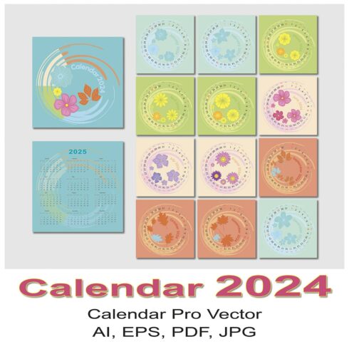 Vector wall calendar_2024 with numbers placed round the circle, decorated with floral elements cover image.