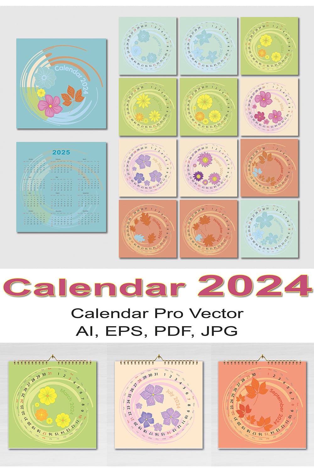 Vector wall calendar_2024 with numbers placed round the circle, decorated with floral elements pinterest preview image.