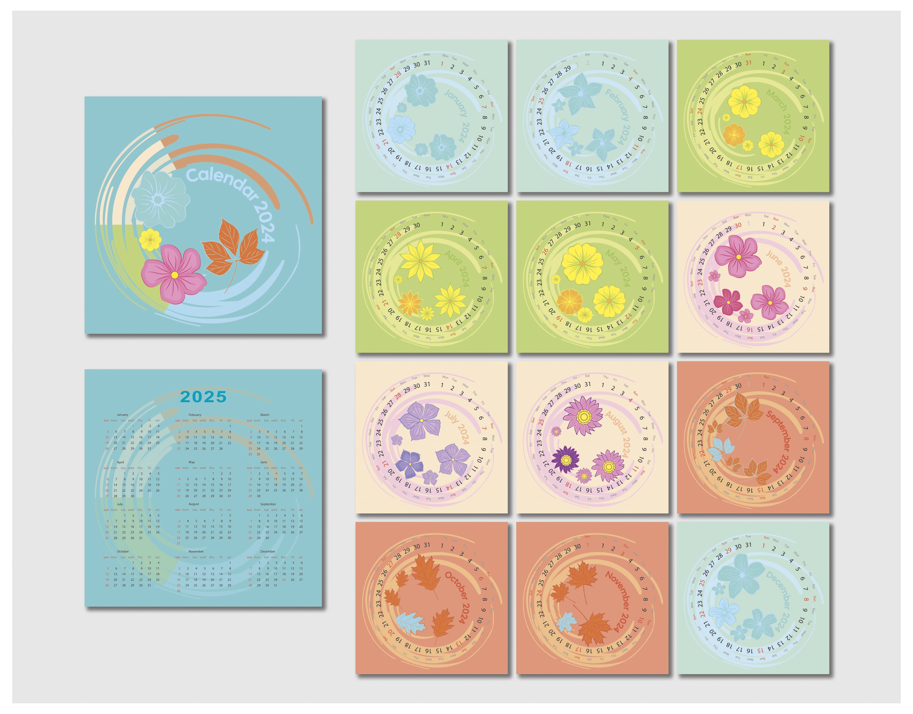 calendar 2024 numbers around the circle floral elements editable square pages 297x297 mm page cover 2 min 388