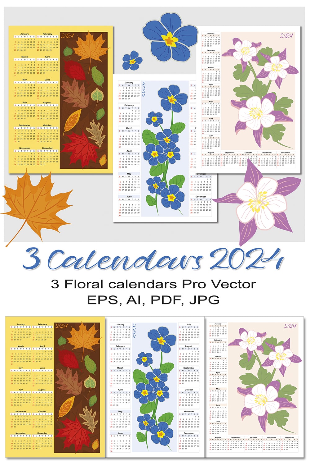 3 Wall Vector Floral Calendars_2024_vertical pinterest preview image.