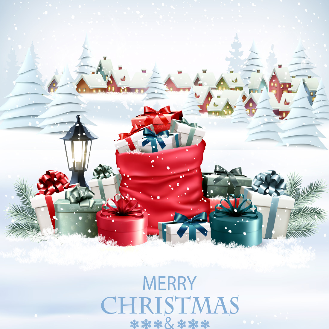 Christmas holiday background with a red sack full presents and a winter village  preview image.