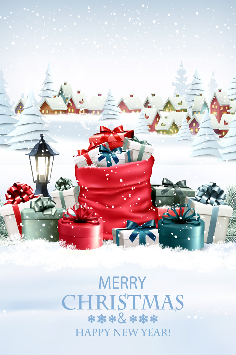 Christmas holiday background with a red sack full presents and a winter village  pinterest preview image.