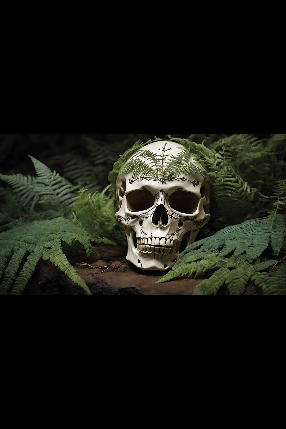 Cracked head skull skeleton posing with leaves in jungle - ai generated pinterest preview image.