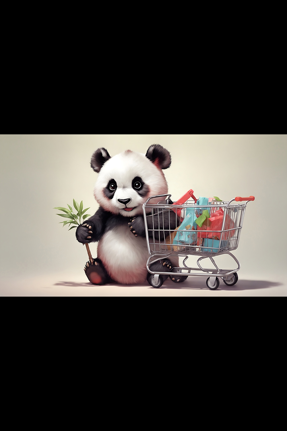 Cute baby panda sitting with shopping cart - ai generated pinterest preview image.