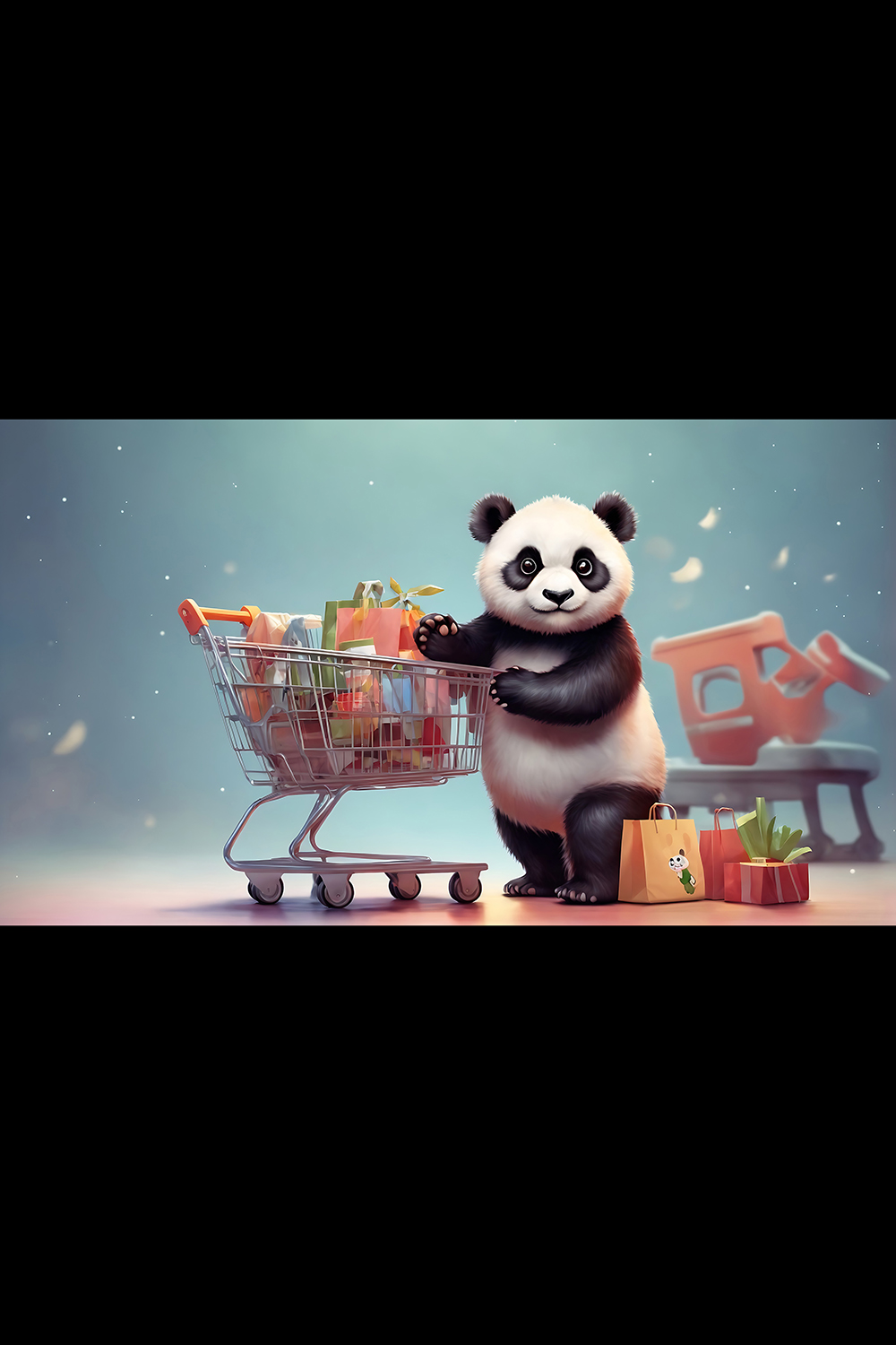 Cute baby panda standing with shopping cart - ai generated pinterest preview image.