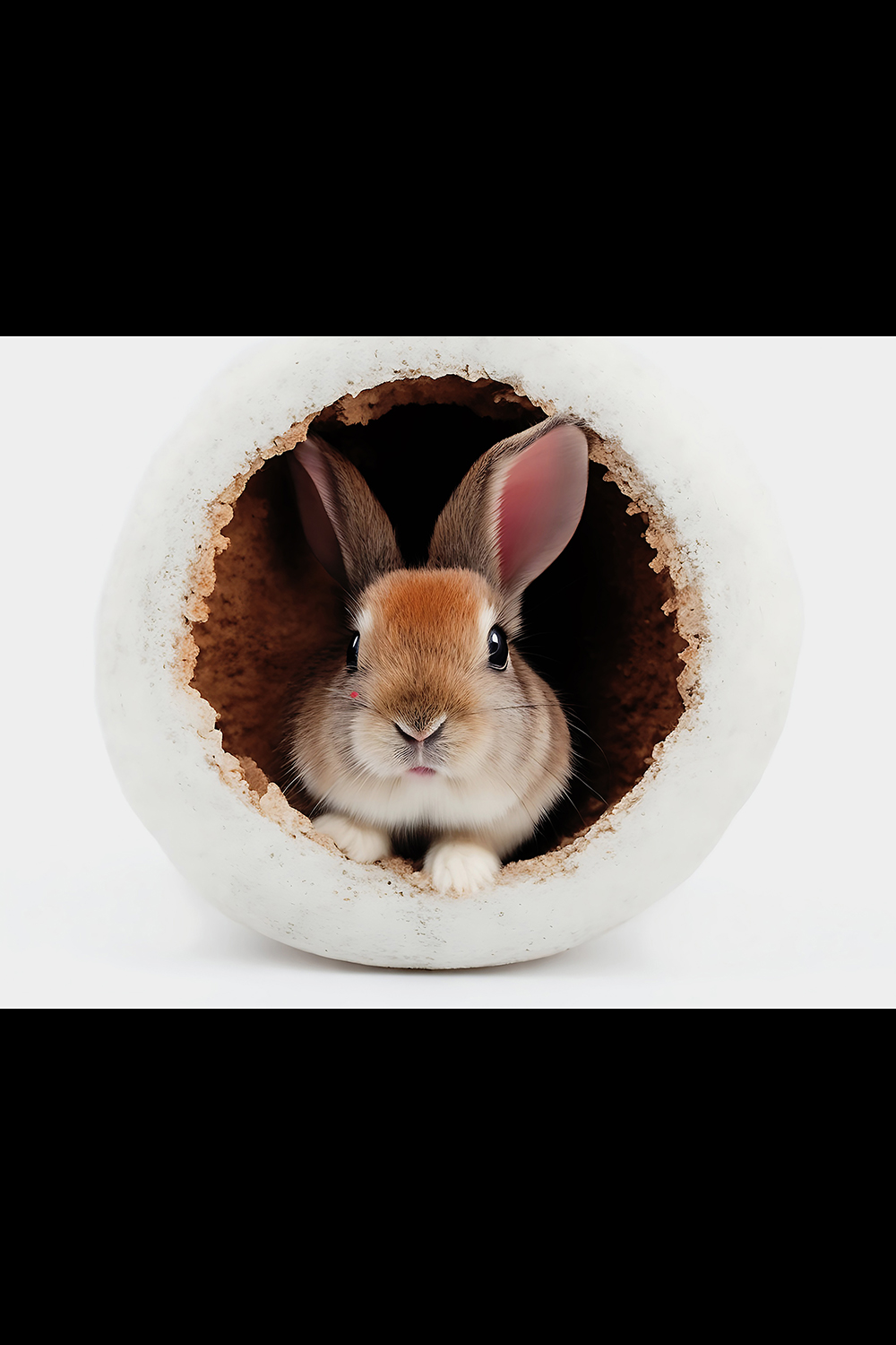 Cute little gray bunny comming out from hole - ai generated pinterest preview image.