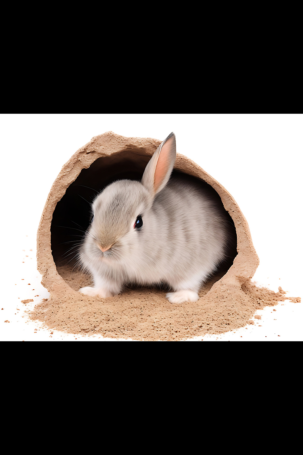 Cute little gray bunny coming out from hole on a white background - ai generated pinterest preview image.