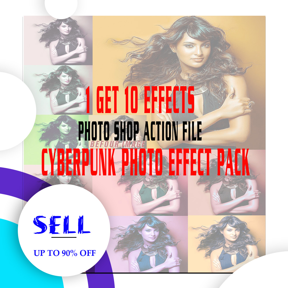 Cyberpunk Effect photoshop auction file one click action 10 styles preview image.