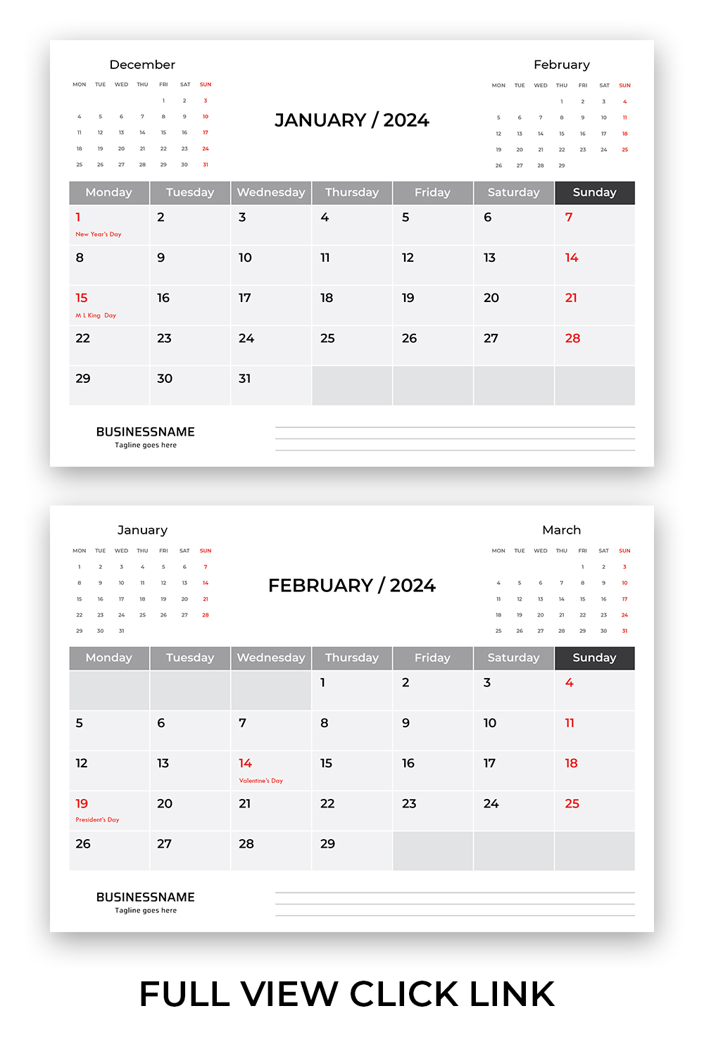 2024 Calendar template design Week starts on Monday office calendar Desktop planner in simple clean style Corporate or business calendar English vector calendar layout pinterest preview image.