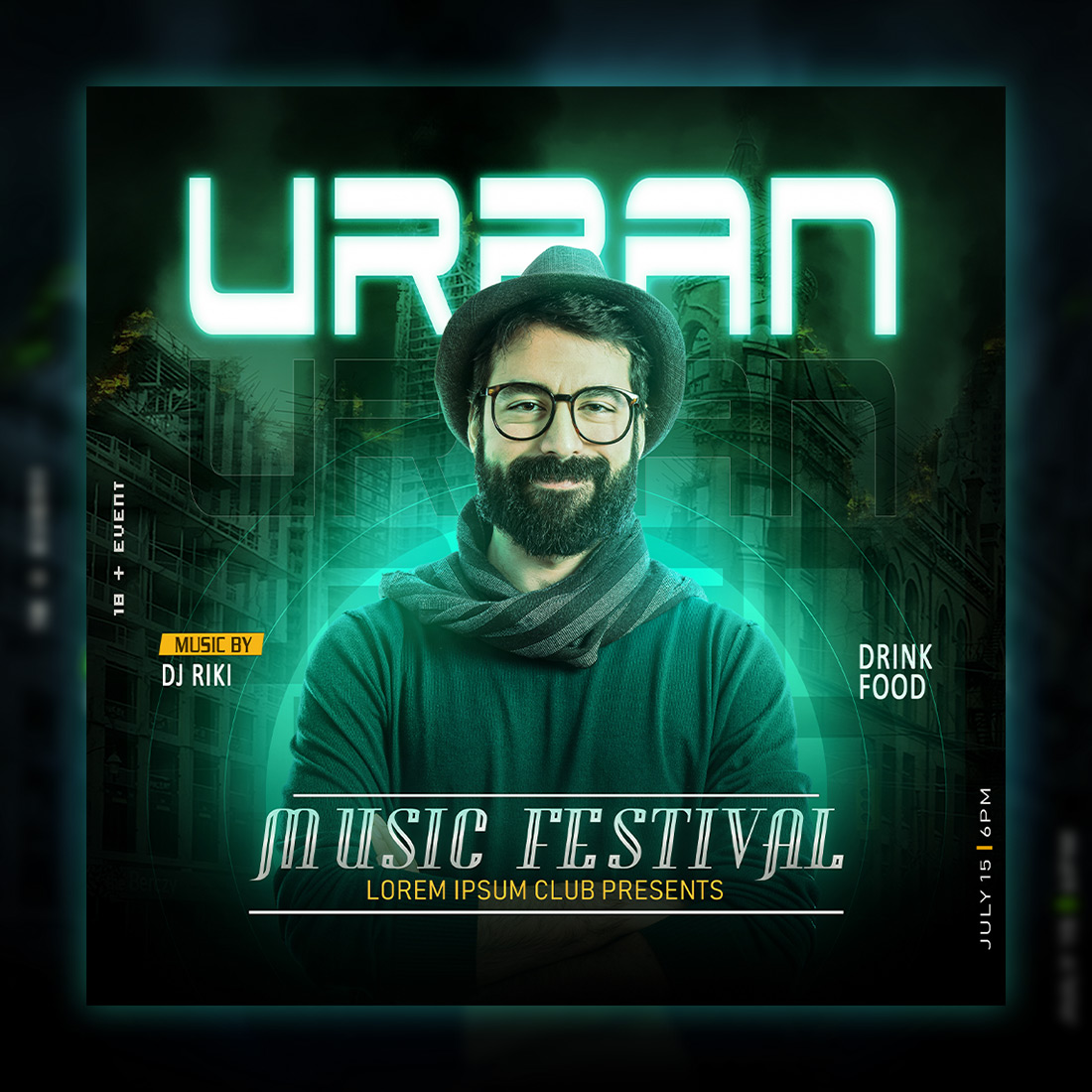 DJ, URBAN Music Party Flyer Design, social media post Photoshop Template Psd cover image.