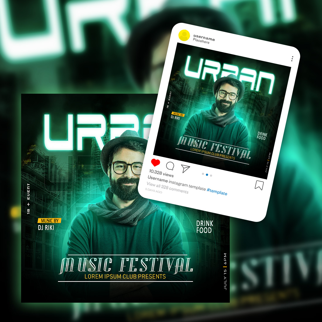 DJ, URBAN Music Party Flyer Design, social media post Photoshop Template Psd preview image.
