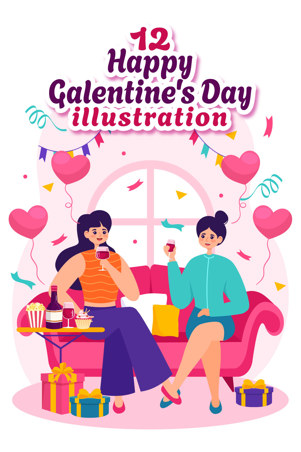 12 Happy Galentine's Day Illustration pinterest preview image.