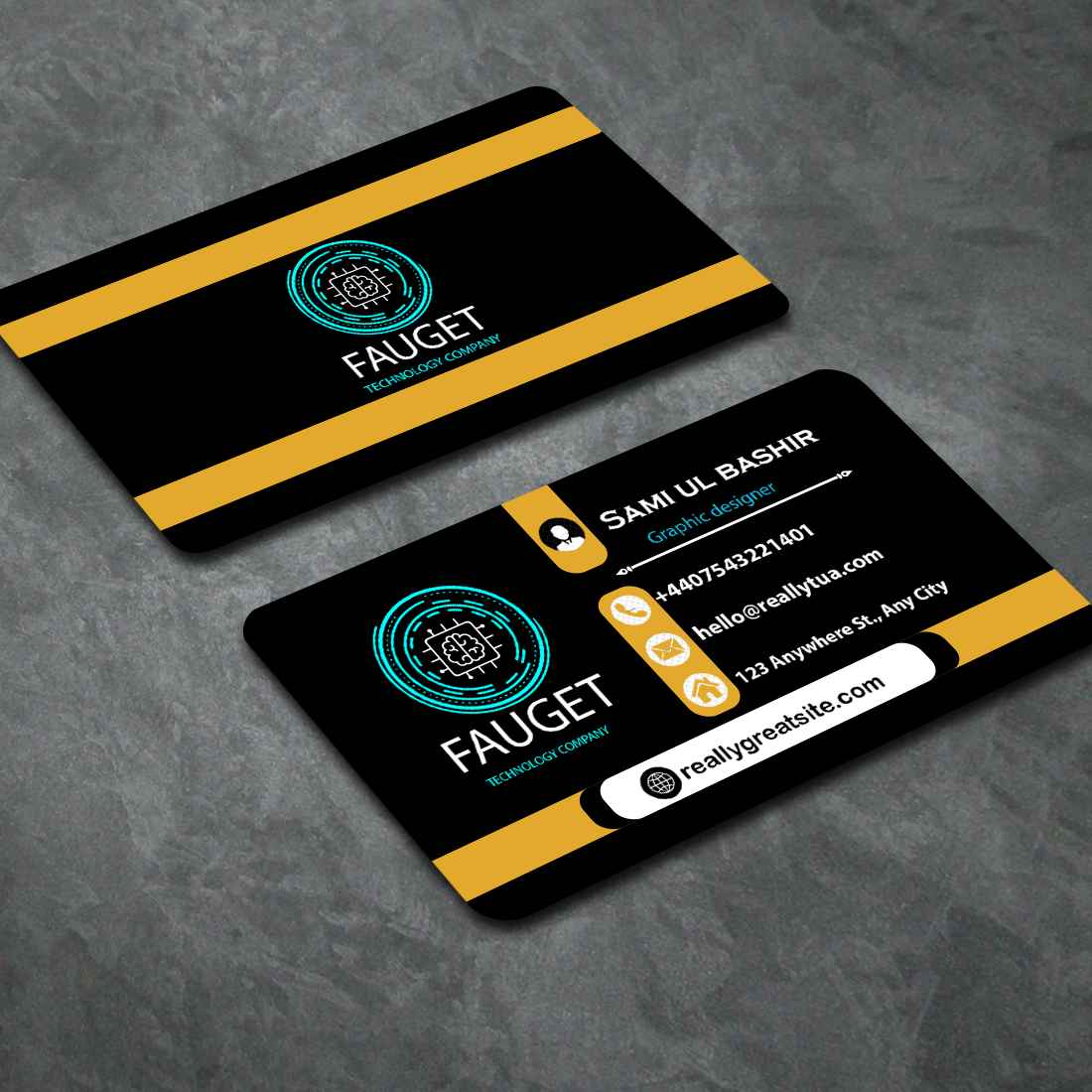 Gold and Black Business card design preview image.