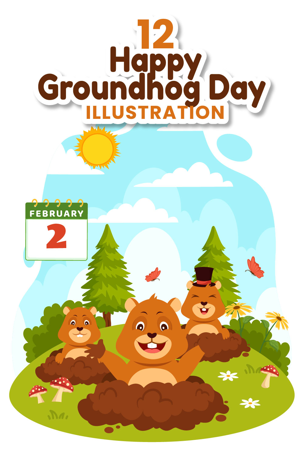 12 Happy Groundhog Day Illustration pinterest preview image.