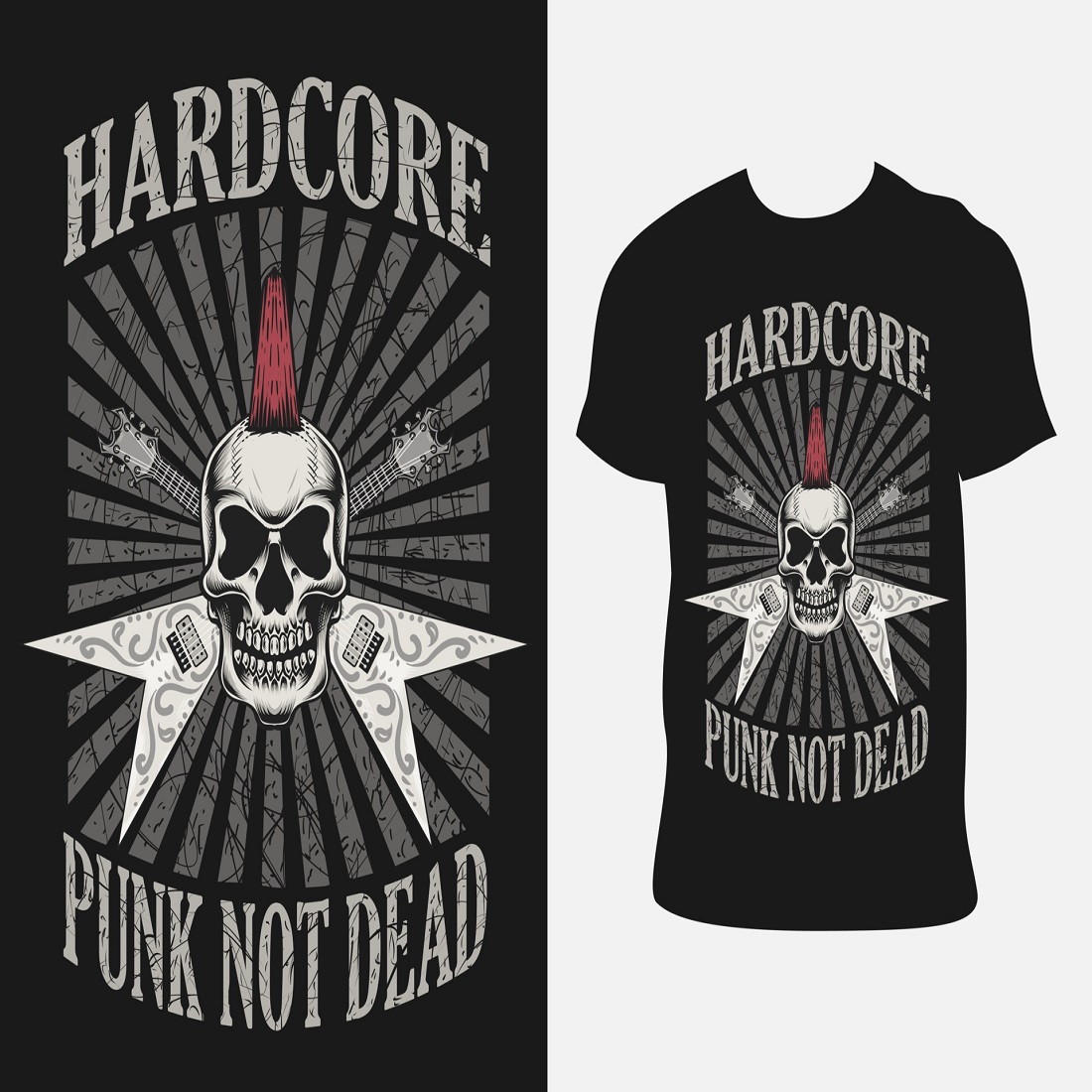 Hardcore punk skull with t-shirt design preview image.