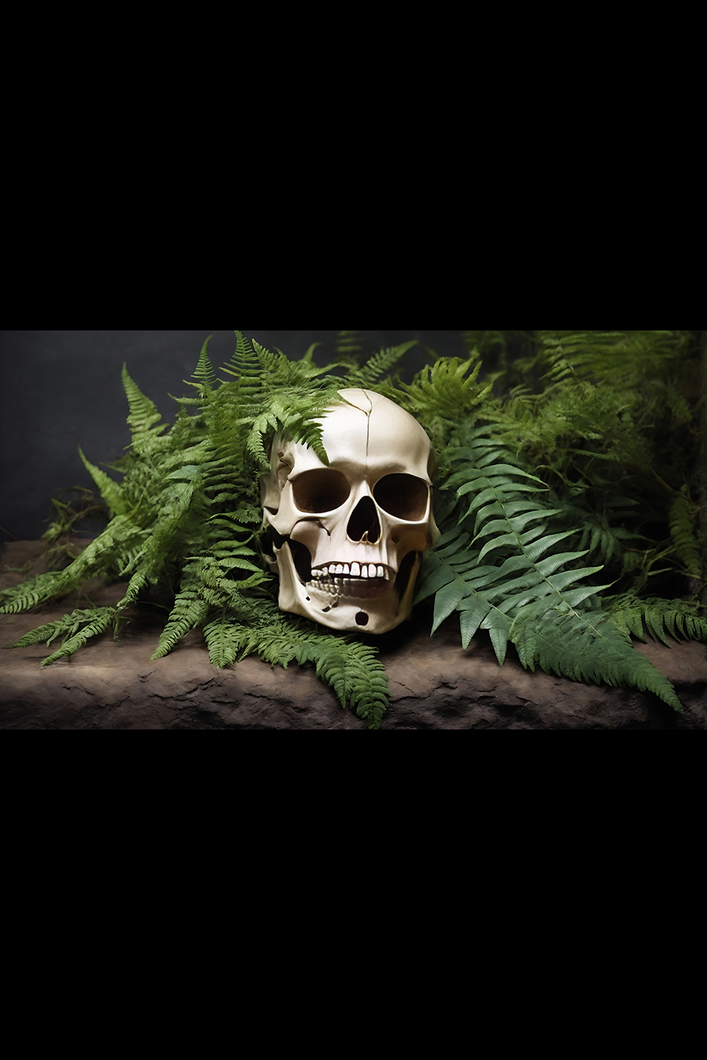 Head skull posing with leaves in jungle - ai generated pinterest preview image.