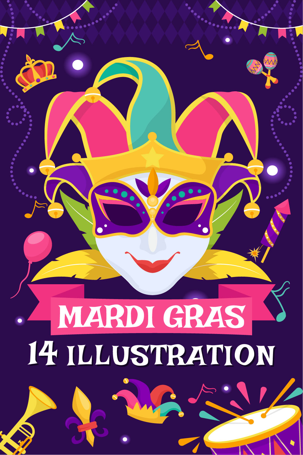 14 Mardi Gras Carnival Illustration pinterest preview image.